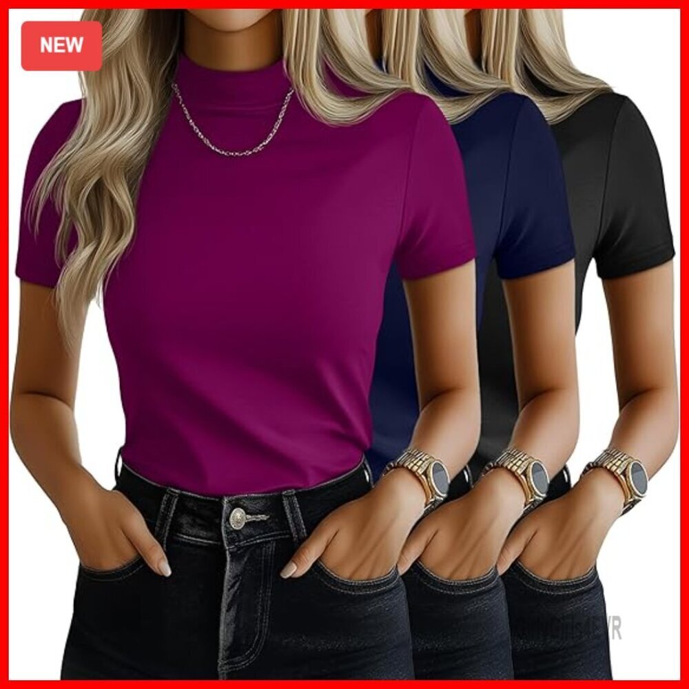 3 Pack Slim Fit Mock Neck Turtleneck Tees Short Sleeve Summer Tops